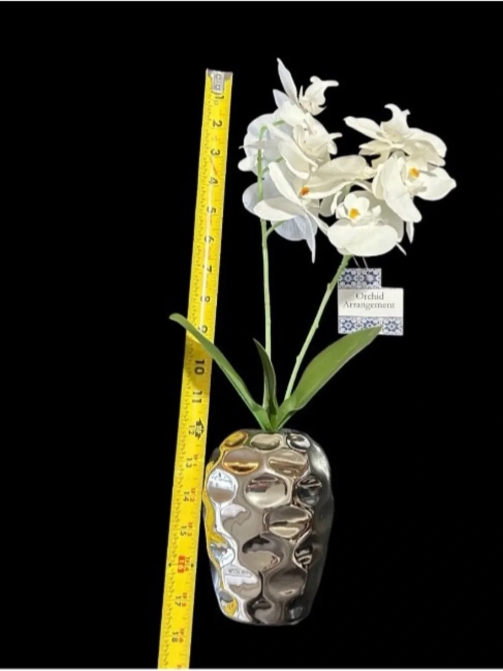 Orchid Floral Plant In Silver Metallic Vase 17” Table Art Modern Home Decor New